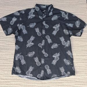 CONNOR Mens XL Slim Shirt Black Pineapple Print Short Sleeve Button Down Casual